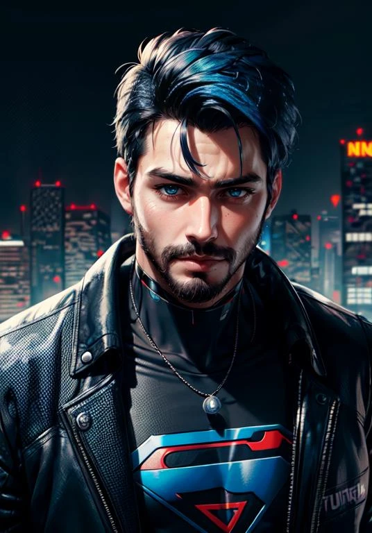 1boy, male focus, solo, facial hair, wild beard, (toned:0.1), dark [blue|black] hair, formal, looking at viewer, portrait, close up, (from above:0.9), suit, dark theme, ([cyberpunk|steampunk]:1.3), cartoon stylish, (expressive), (cybernetic:1.18), superman, toned, serious, vibrant, (colorful, thick outlines, flat color:1.12), fantasy
<lora:more_details:0.5>