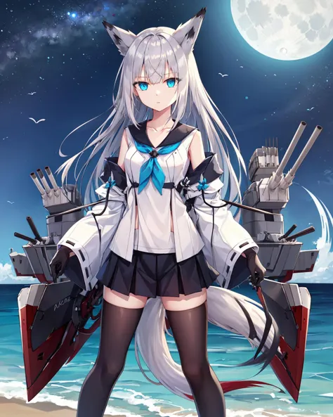 1girl, solo,kawakaze \(azur lane\), fox tail, fox ears, long hair, hair between eyes, standing, main outfit, wide sleeves, neckerchief, black sailor collar, black gloves,white detached sleeves, black miniskirt, black thighhighs, collarbone, bare shoulders, (rigging, machinery, night),ocean, moon <lora:kawakaze_AL:1>