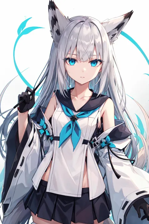 1girl, solo, fox tail, long hair, hair between eyes, wide sleeves, neckerchief, fox ears,kawakaze \(azur lane\), black sailor collar,  main outfit, black gloves,white detached sleeves, black miniskirt,  black thighhighs, collarbone,bare shoulders,  <lora:kawakaze_AL:1>