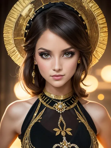 a woman wearing a gold crown and a black dress