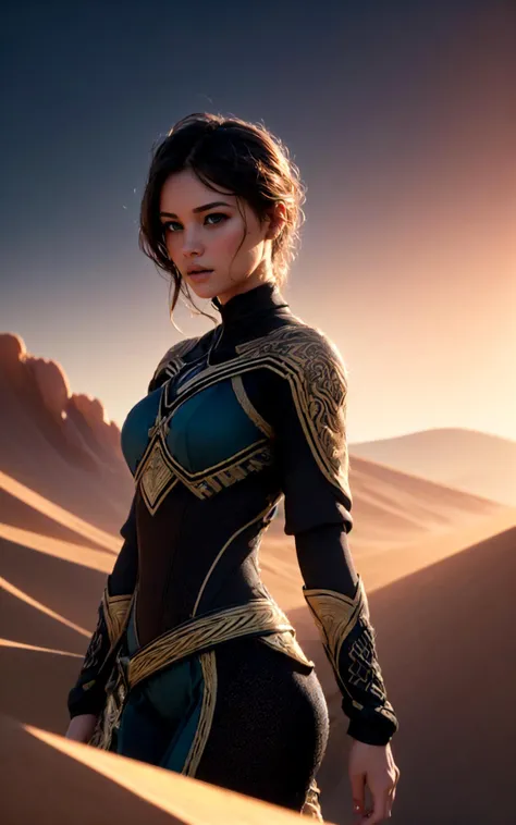 a woman in a black and gold outfit standing in the desert