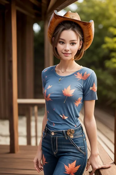 ((cowboy shot:1.5)))photo of a 30 years old (0d4ddysg1rls7),(A beach with a yoga session in progress on a wooden deck), warm smile, (f) (Light brown))(Layered bob) hair, glossy lips, soft skin, elegant makeup, wearing ,(shiny blue and Red) (leaf print) (legskin)
