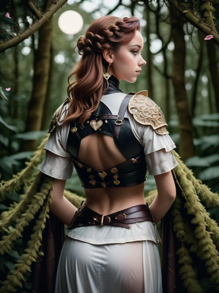 ((cowboy shot:1.5)))photo of a 30 years old (Merger_liv_vismoore), modelshoot style, (extremely detailed), (CG unity 8k wallpaper), Intricate, High Detail, Sharp focus, dramatic, ((photorealistic)), (((A dark, mysterious forest with twisted branches and creeping vines, moonlight,midnight, dark, ))), ((posing for a photo)), (detailed pupils:1.2),warm smile, suntan, bronze skin, (((from behind back turned Looking at viewer over shoulder, small waist, medium hips, medium perfect ass,focus on lower body:1.5)) sideboob),(thigh straddling),,wide depth of field,( very long:1.5 (Dark brown))(Ladder braids) ) hair, (realistic:1.5), glossy lips, soft skin, elegant makeup,wearing <lora:ValentinesArmor:0.69> h34rt, heart:1.2, earrings, boudoir, lace see-through gossamer robe, sash, puffy rose short sleeves, falling petals, roses, crystals,ornate breastplate, pauldrons, belt, gauntlets, belt, plunging neckline