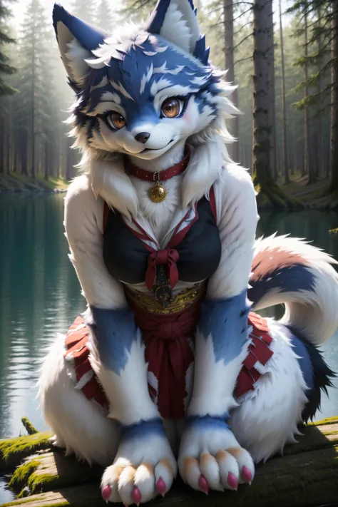 (best quality)), ((masterpiece)), ((realistic)), (detailed), portrait, close up, young female, RAW photo, uhd, dslr, high quality, realistic, photo realistic, dreamlikeart, lens flare, upper body, looking at viewer, animal focus, furry,wolf fursuit, 1girl, cute, kawaii, lovely, fur, fur head, wolf head, narrow waist, wolf ears, chocker with rope, blush, paw, paw shoes, stunning gradient colors, no watermark signature, detailed background, woods, small lake with island, insanely detailed, , ((masterpiece)), absurdres, HDR <lora:FursuitFurrySuitLora_v2:0.7>
