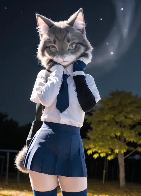 cat ears, cat tail, cat, 1girl, see-through legwear, standing, autumn, autumn leaves, fursuit gloves, dark background, realistic, fursuit, (school uniform:1.4), medium shot, SFW, (night sky:1.4), (face light), <lora:FursuitFurrySuitLora_v2:0.7>