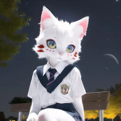 cat ears, cat tail, cat, 1girl, (white face:1.5), yellow eyes, white ears, see-through legwear, sitting, on park bench, autumn, autumn leaves, (paw gloves), dark background, realistic, fursuit, (school uniform:1.4), medium shot, SFW, (night sky:1.4), (face light), <lora:FursuitFurrySuitLora_v2:0.7>