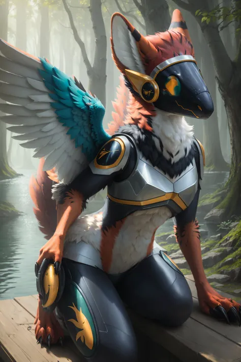(best quality)), ((masterpiece)), ((realistic)), (detailed), portrait, close up, young female, RAW photo, uhd, dslr, high quality, realistic, photo realistic, dreamlikeart, lens flare, upper body, looking at viewer,( animal focus:1.1), furry, (bird fursuit:1.1), 1girl, cute, kawaii, lovely, fur, fur head, (bird:1.1), birdhead, (large furry wings:1.1), beak, protogen, protogen visor, protogen face, narrow waist, (bird ears, claw, claw shoes,:1.1) stunning gradient colors, no watermark signature, detailed background, woods, small lake with island, insanely detailed, , ((masterpiece)), absurdres, HDR <lora:protogenLora_protogenV2Hard:0.9>