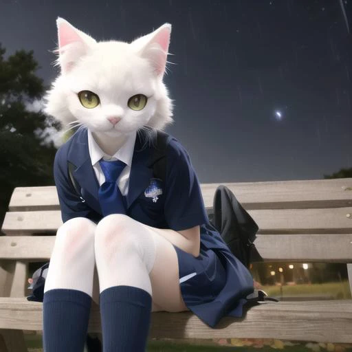 cat ears, cat tail, cat, 1girl, (white face:1.5), yellow eyes, white ears, see-through legwear, sitting, on park bench, autumn, autumn leaves, (paw gloves), dark background, realistic, fursuit, (school uniform:1.4), medium shot, SFW, (night sky:1.4), (face light), <lora:FursuitFurrySuitLora_v2:0.7>