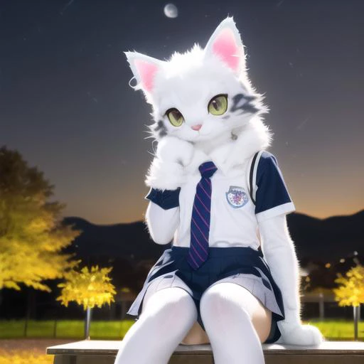 cat ears, cat tail, cat, 1girl, (white face:1.5), yellow eyes, white ears, see-through legwear, sitting, on park bench, autumn, autumn leaves, (paw gloves), dark background, realistic, fursuit, (school uniform:1.4), medium shot, SFW, (night sky:1.4), (face light), <lora:FursuitFurrySuitLora_v2:0.7>
