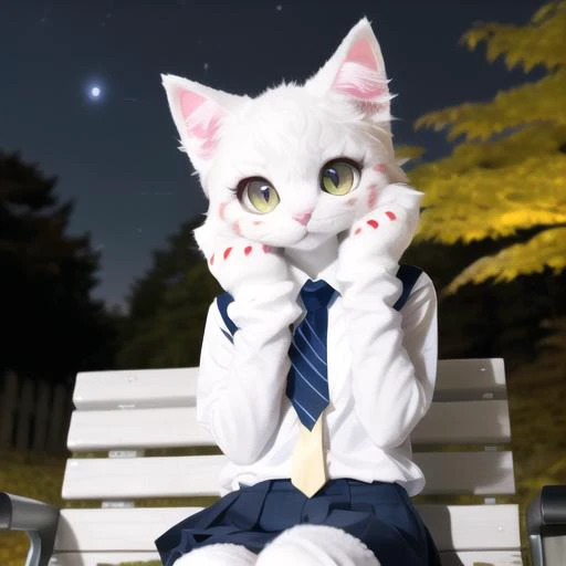 cat ears, cat tail, cat, 1girl, (white face:1.5), yellow eyes, white ears, see-through legwear, sitting, on park bench, autumn, autumn leaves, (paw gloves), dark background, realistic, fursuit, (school uniform:1.4), medium shot, SFW, (night sky:1.4), (face light), <lora:FursuitFurrySuitLora_v2:0.7>