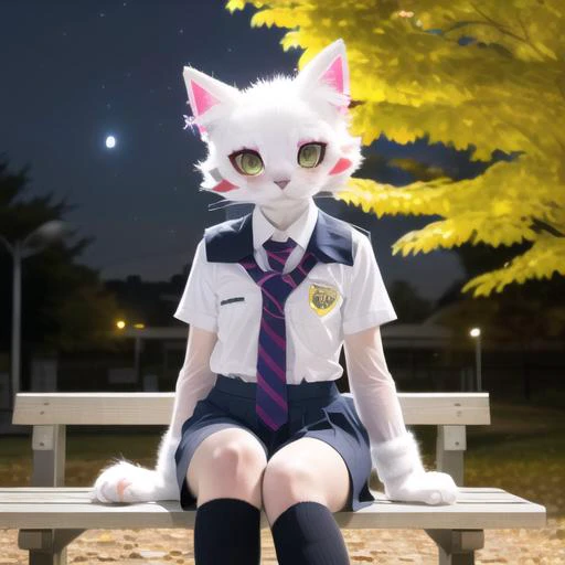 cat ears, cat tail, cat, 1girl, (white face:1.5), yellow eyes, white ears, see-through legwear, sitting, on park bench, autumn, autumn leaves, (paw gloves), dark background, realistic, fursuit, (school uniform:1.4), medium shot, SFW, (night sky:1.4), (face light), <lora:FursuitFurrySuitLora_v2:0.7>