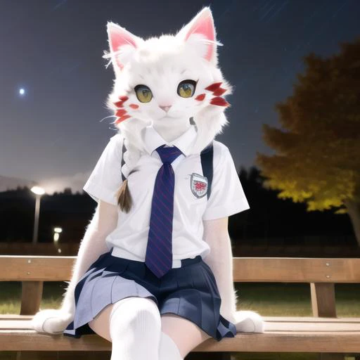cat ears, cat tail, cat, 1girl, (white face:1.5), yellow eyes, white ears, see-through legwear, sitting, on park bench, autumn, autumn leaves, (paw gloves), dark background, realistic, fursuit, (school uniform:1.4), medium shot, SFW, (night sky:1.4), (face light), <lora:FursuitFurrySuitLora_v2:0.7>