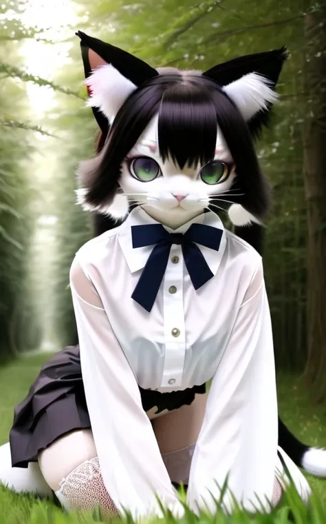 1girl, animal_ears, bangs, detached_sleeves, thighhighs, white_legwear, wide_sleeves, forest, cat_ears, cat_girl, cat_tail, ribbon-trimmed_legwear, ribbon-trimmed_sleeves, ribbon_trim, sitting, skirt, solo, tail, grass,fireflies, lantern, light_particles, looking_at_viewer, nature, night, night_sky, on_grass, outdoors, tanabata, tanzaku, fursuit <lora:fursuitKizarouNSFW_fursuitKizarouNSFW:1>