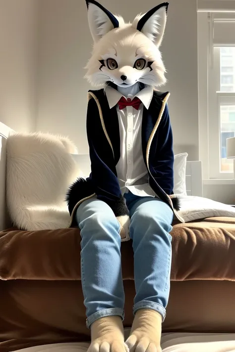 realistic, photo realistic, masterpiece, SFW, modelshoot style,((soft lighting)), (face lighting), ((warm)), ((low shadow)), indoors, bed, bedroom, pillow, quilt, gradient, looking at viewer, full body, furry, fur, (fur head), fursuit, 1girl, animal focus, solo, age down, shiny skin, red eyes, (bright eyes), ((whiskers)), fox ears, slim, small breasts, ((skinny)), navel, fur head, fur gloves, fur trim, fur collar, colorful fur, white sweater vest, jeans, sitting,