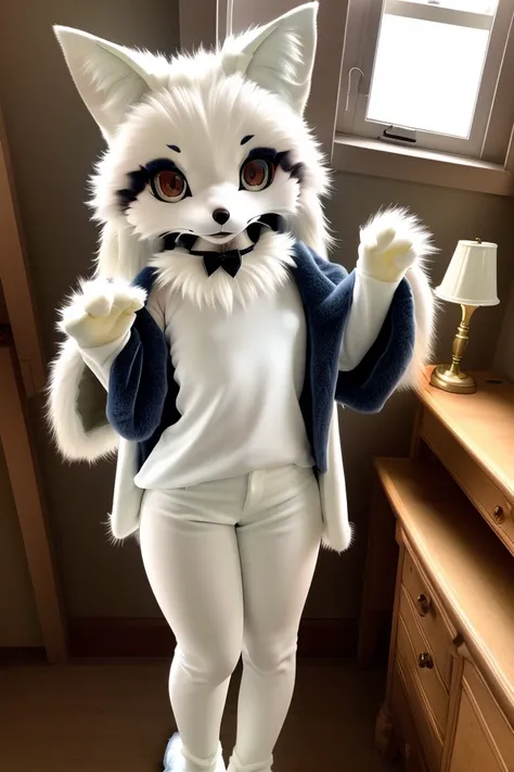 realistic, photo realistic, masterpiece, SFW, modelshoot style,((soft lighting)), (face lighting), ((warm)), ((low shadow)), indoors, bedroom, pillow, lamp, desk, window, quilt, gradient, looking at viewer, full body, furry, fur, (fur head), fursuit, 1girl, animal focus, solo, age down, shiny skin, red eyes, (bright eyes), ((whiskers)),  fox ears, slim, small breasts, ((skinny)), navel, fur head, fur gloves, fur trim, fur collar ,vest, shorts, white fur, yellow fur, red fur, (pink fur:0.2), standing, spread arms,