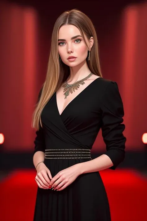photo of yuliaivan, a woman as a movie star, modelshoot style, (extremely detailed CG unity 8k wallpaper), Intricate, High Detail, Sharp focus, dramatic,photorealistic painting art by midjourney and greg rutkowski , (waist chain), ((movie premiere gala)), ((standing on the red carpet)), ((paparazzi in the background)), (looking at viewer), (detailed pupils:1.2), (elegant black dress:1.3) dimly lit