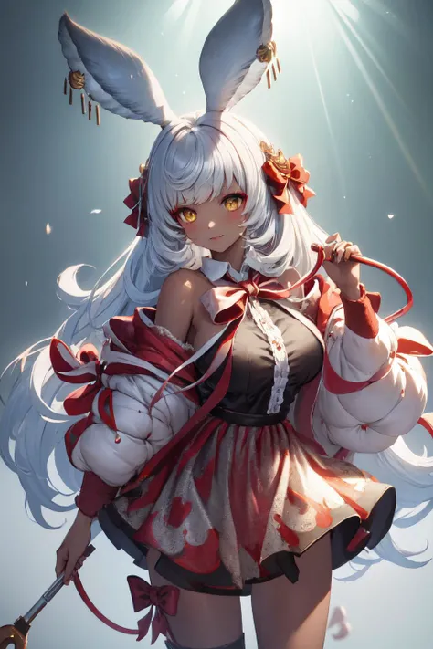 masterpiece, (detailed, highres, best quality), 1girl, <lora:wrenchsweettail:0.7> wrenchsweettail, striped dress, off shoulder, jewelry, ribbon, candy cane, <lora:spgbfMakura:1> makuradef, rabbit ears