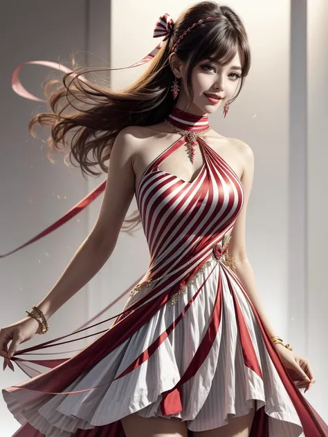 <lora:wrenchsweettail:1>, wrenchsweettail, 1girl, light smile, striped dress, jewelry, ribbon, sleeveless turtleneck,