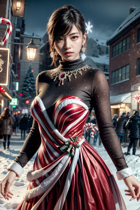 (realistic:1.3), finely detailed, quality, rembrandt lighting, (masterpiece:1.2), (photorealistic:1.2), (best quality), (detailed skin:1.3), (intricate details), dramatic, ray tracing, 1girl, japanese girl, 21 years old, detailed skin texture, (blush:0.5), (goosebumps:0.5), subsurface scattering, smiling, medium breasts, short hair curls, bangs, hair between eyes, (wrenchsweettail, striped dress:1.2), long dress, jewelry, ribbon, turtleneck, sweater, puffy sleeves, long sleeves, fur trim, fur dress, cowboy shot, (night, night sky, winter scene, snow covered cityscape, hokkaido, christmas decorations),  <lora:wrenchsweettail:1>