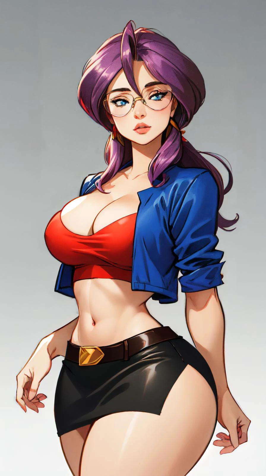 <lora:lorelei-nvwls-v1:1> animeLorelei, purple hair, blue eyes, hair between eyes, glasses, blue jacket, red shirt, cleavage, belt, pencil skirt high detailed, masterpiece, as cartoon character, perfect hands, round breasts, wide hips, thick thighs, ultra realistic digital art, clean scene, white background, <lora:p3r3zstyle_v3:0.6>