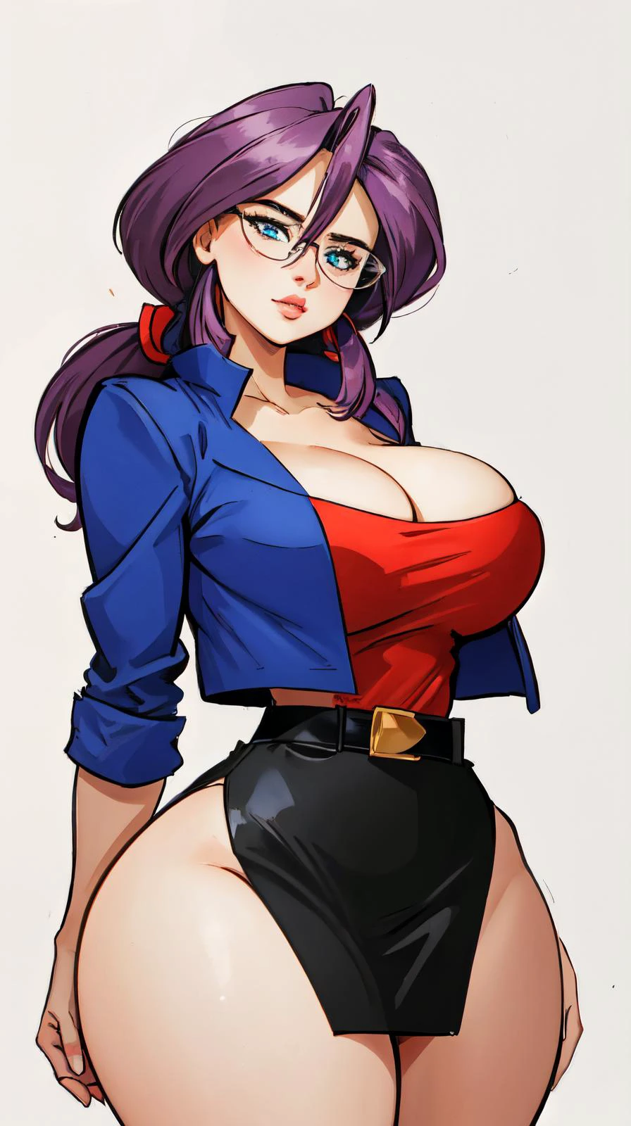 <lora:lorelei-nvwls-v1:1> animeLorelei, purple hair, blue eyes, hair between eyes, glasses, blue jacket, red shirt, cleavage, belt, pencil skirt high detailed, masterpiece, as cartoon character, perfect hands, round breasts, wide hips, thick thighs, ultra realistic digital art, clean scene, white background, <lora:p3r3zstyle_v3:0.6>
