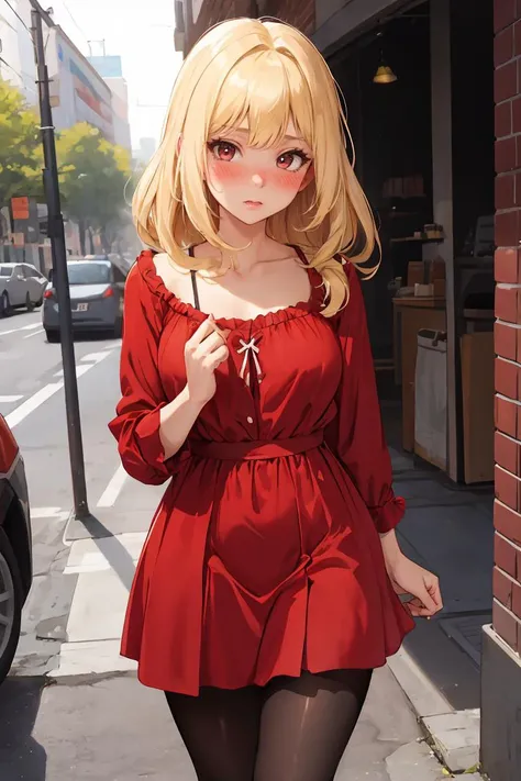 (masterpiece, best quality), 1girl, blonde hair, red dress, pantyhose, cute face, blush,