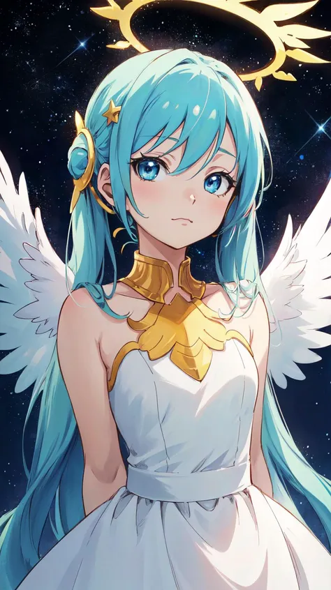 (anime coloring, anime screencap, ghibli, mappa, anime style), 1girl, hatsune miku, white gown, angel, angel wings, golden halo, dark background, upper body, (closed mouth:1.2), looking at viewer, arms behind back, blue theme, stars, starry night