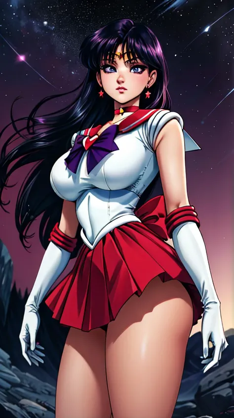 hino_rei, huge_breasts, standing, solo, White_leotard_Red_sailor_collar_Red_miniskirt_White_gloves_Red_high_heels_Star_choker_Purple_bowtie_Red_back_bow_Circlet_Heart_brooch_See-through_sleeves, <lora:HinoReiV8:0.7>, starry_sky,, masterpiece, best quality, detailed face, detailed eyes, highres,, kkw-ph1, <lora:epi_noiseoffset2:1> <lora:LORA-XenoDetailer-v2:1>