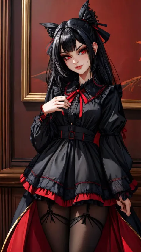 highres, (masterpiece:1.2), (best quality, highest quality), black hair, red eyes, GothGal, wearing a GothGal outfi, dress, ribbon, frills, smug, smirk, hands behind back, Beautiful long legs, beautiful body, Beautiful Nose, Beautiful character design,perfect hands, perfect fingers, perfect eyes,perfect face, wallpaper,perfect lighting, Colorful,ultra highres, 8K, HDR,
<lora:add_detail:1>,
<lora:edgGothGal_MINI:1>