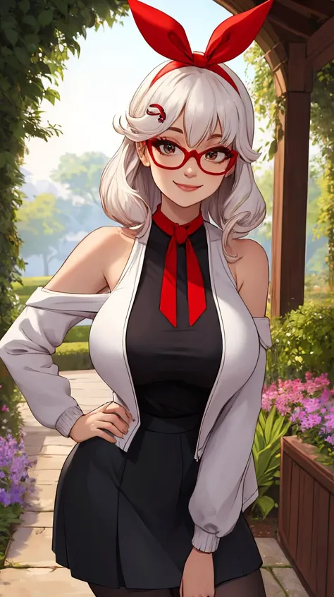 masterpiece, best quality, purah, red glasses, hair ornament, hair stick, red headband, white shirt, bare shoulders, white jacket, black skirt, orange leggings, large breasts, looking at viewer, entrance, garden, leaning forward, upper body, hands to hips, smile <lora:purah-nvwls-v3-2-000012:0.9>