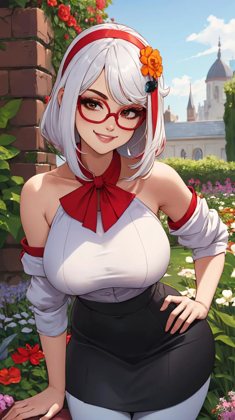 masterpiece, best quality, purah, red glasses, hair ornament, hair stick, red headband, white shirt, bare shoulders, white jacket, black skirt, orange leggings, large breasts, looking at viewer, entrance, garden, leaning forward, upper body, hands to hips, smile <lora:purah-nvwls-v3-2-000012:0.9>