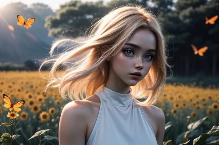 (masterpiece, best quality, highres:1.2), (photorealistic:1.2), (intricate and beautiful:1.2), (detailed light:1.2), (soft lighting, side lighting, reflected light), (colorful, dynamic angle), medium body shot, casual photography, FlorencePugh,white crop top, black tight shorts, feminine pose,in a flowery field,((chasing butterflies with his camera reflex)),late afternoon,colorful red orange yellow light,very emotional camera angle,medium format camera, (ultra realistic, best quality, masterpiece, perfect face), dynamic pose, light passing through hair, (official art), (perfect skin), (sharp)