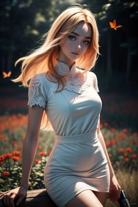 (masterpiece, best quality, highres:1.2), (photorealistic:1.2), (intricate and beautiful:1.2), (detailed light:1.2), (soft lighting, side lighting, reflected light), (colorful, dynamic angle), medium body shot, fashion photography, FlorencePugh,cropp tshirt, short dress, feminine pose,well-lit wooden structure,in a flowery field,chasing butterflies with his ((Canon 40D)),late afternoon,colorful red orange yellow light,very emotional camera angle,medium format camera,in the style of (Life Magazine), (ultra realistic, best quality, masterpiece, perfect face), dynamic pose, light passing through hair, (abstract background:1.3), (official art), (perfect skin), (sharp)