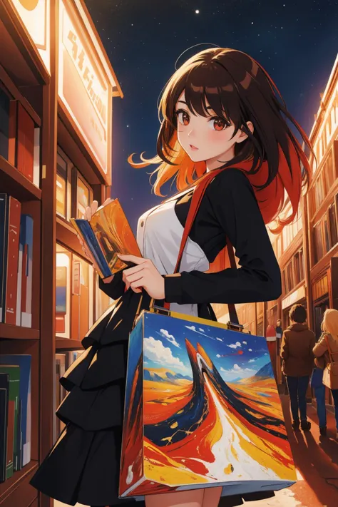 1girl, detailed Oil painting by Jackson Pollock, crowded city and contrasting colors planet in background, concept art, Fiery Voyeuristic ([Bookstore|Kings Canyon National Park]:1.3) in the distance there is a Ukraine, Winter, Hopeful, Methaphysical painting, Ethereal Lighting, F/14, Cathode tube, dark red and Cream details, halftone texture, pixiv, beautiful, [ (animals art by George Stubbs:0.9) | (Perry Rhodan:0.8) | (Pascal Blanché:0.9) ], unconventional technique, layered, gestural