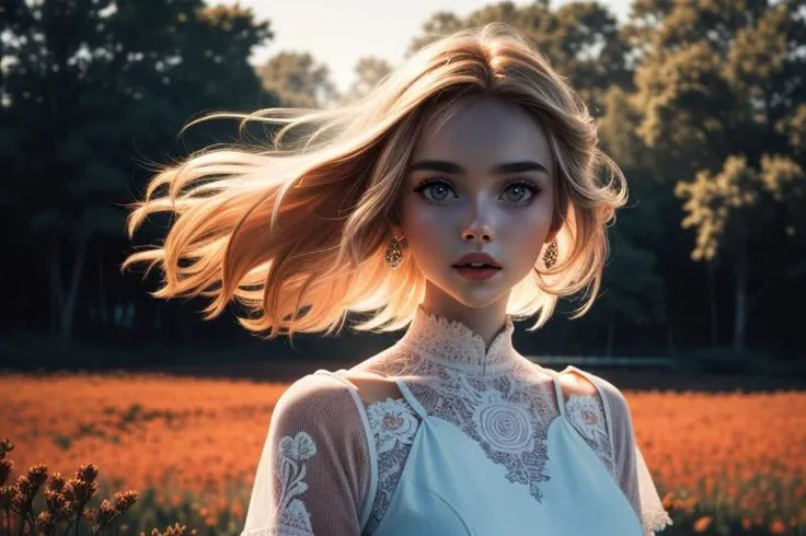 (masterpiece, best quality, highres:1.2), (photorealistic:1.2), (intricate and beautiful:1.2), (detailed light:1.2), (soft lighting, side lighting, reflected light), (colorful, dynamic angle), upper body shot, fashion photography, FlorencePugh,cropp tshirt, short dress, feminine pose,well-lit wooden structure,in a flowery field,chasing butterflies with his camera Canon 40D,late afternoon,colorful red orange yellow light,very emotional camera angle,medium format camera,in the style of (Life Magazine), (ultra realistic, best quality, masterpiece, perfect face), dynamic pose, light passing through hair, (abstract background:1.3), (official art), (perfect skin), (sharp)