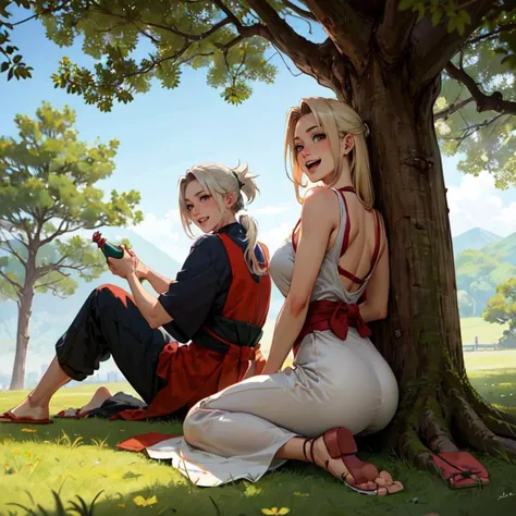 semi-realistic,Describe the scene where Jiraiya and Tsunade from the Naruto series are sitting together under a tree, with their backs against the tree trunk, both holding a bottle of sake and laughing