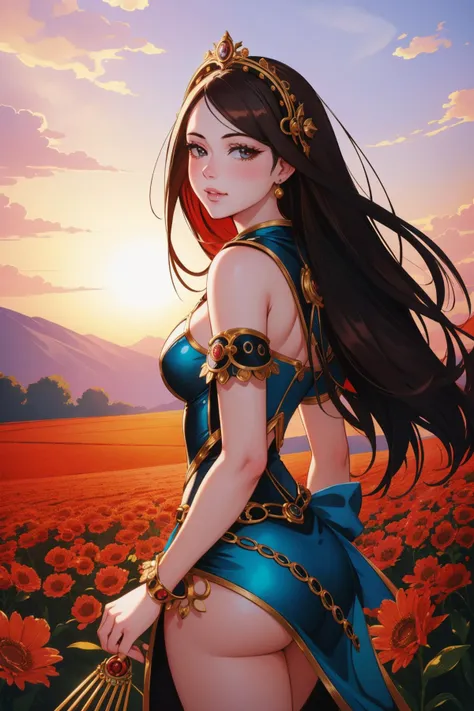 1girl, [ (baroque art by Hendrick Goltzius:1.3) and (Todd Nauck:1.1) and (Heather Theurer:1.0) :12], epic Painting, glamourous Octane render, masterpiece Cycles render, (copper theme:0.7) , over the shoulder shot of a ("The Fields of Peace":1.3) , it is very Superficial and Sad, lush flower field and lake, at Midday, horizon-centered, Regret, Cyber Noir, short lighting, 50mm, Neon and electric red hue, dreamy magical atmosphere, Magic the gathering, arthouse, lots of details