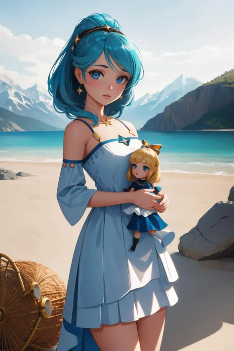 1girl, dramatic Octane render, elegant, Rule of Thirds, full shot of a Deserted Refreshing Coral, Baby Blue and Gray Corsican ([The Heart of Gold:Doll:4]:1.3) , it has alluring details, it is in a Star Trek setting, mountains and Beehive background, Charcoal space with Bamboo, at Midday, Bokeh, Sci-Fi, Hardcore Art, spotlight, F/2.8, Provia, lovely, matte, 4K, award winning