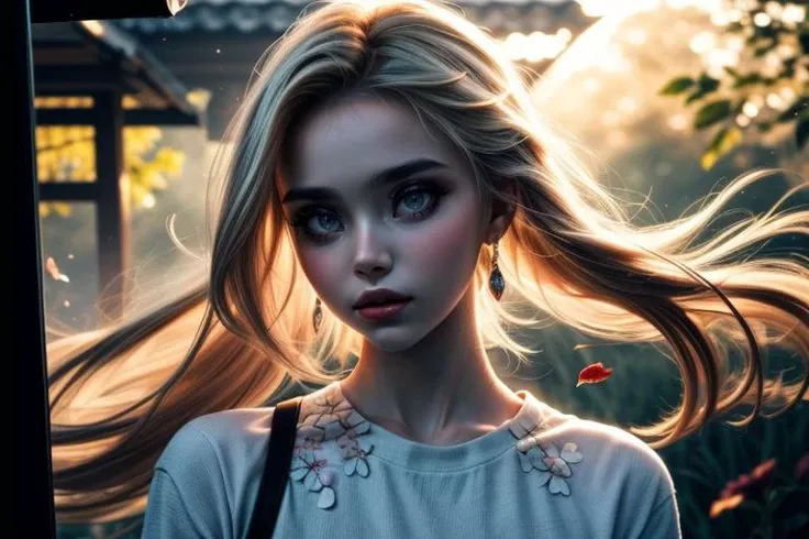 (masterpiece, best quality, highres:1.2), (photorealistic:1.2), (intricate and beautiful:1.2), (detailed light:1.2), (soft lighting, side lighting, reflected light), (colorful, dynamic angle), upper body shot, fashion photography, FlorencePugh,cropp tshirt, short dress, feminine pose,well-lit wooden structure,in a flowery field,chasing butterflies with his camera Canon 40D,late afternoon,colorful red orange yellow light,very emotional camera angle,medium format camera,in the style of (Life Magazine), (ultra realistic, best quality, masterpiece, perfect face), dynamic pose, light passing through hair, (abstract background:1.3), (official art), (perfect skin), (sharp)