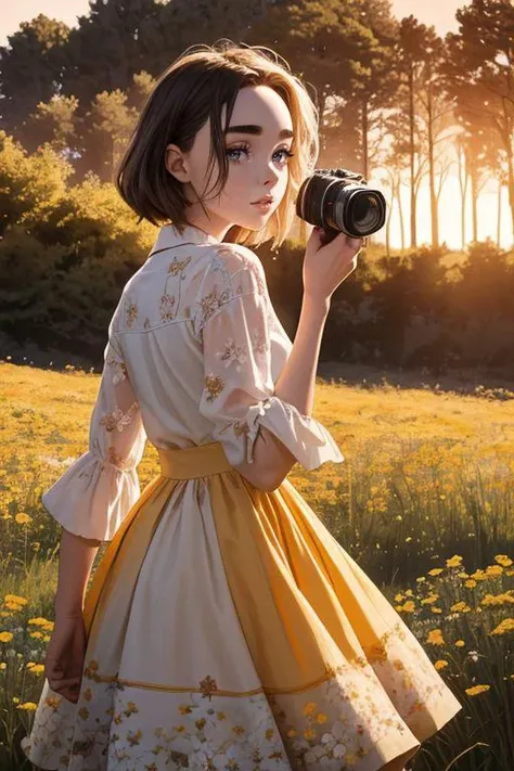 FlorencePugh,Parisienne dress,feminine pose,well-lit wooden structure,in a flowery field
,late afternoon,colorful red orange yellow light,very emotional camera angle,medium format camera,in the style of (Life Magazine),