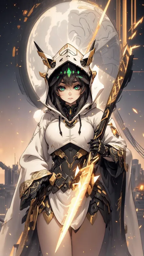 <lora:MimikyuHoodie:0.5> zzMimikyuHoodie, , hood up ,black black fur-trimmed hoodie,
<lora:cnjj_20230628055345:0.5> mecha, helmet, Chilly Weather,Solar Arcadia - Gold and silver with paradise-like holographic scenes this spaceship appears like a floating paradise in space. It projects holographic images of idyllic landscapes.,Volumetric lighting,, (masterpiece, best quality, ultra-detailed, intricate details),((perfect female figure)),(beautiful detailed eyes, ultra-detailed, intricate details,perfect_face,perfect_hand) ,nice hands,newest, ai-generated,anime screencap,<lora:Background_Detail_v3:0.8>, <lora:add_detail:0.5> , <lora:GoodHands-vanilla:1> ,BREAK, 1girl, large breasts, full body, solo:2, Metallic green eyeshadow and black winged liner,Wide-eyed,