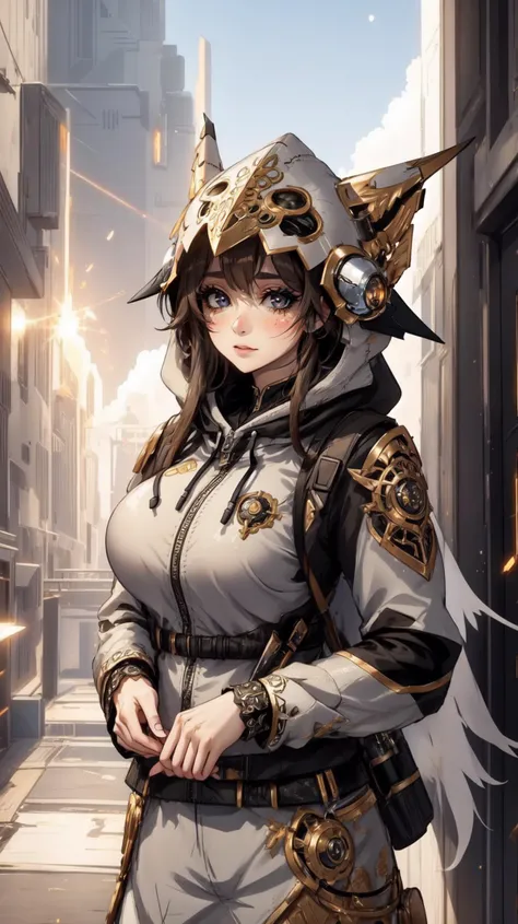 <lora:MimikyuHoodie:0.5> zzMimikyuHoodie, , hood up ,black black fur-trimmed hoodie,
<lora:cnjj_20230628055345:0.5> mecha, helmet, Heatwave Weather,Meteoric Wanderer - Metallic brown with meteoric accents this spaceship resembles a celestial traveler journeying through space. Its design is reminiscent of ancient civilizations.,Chiaroscuro,, (masterpiece, best quality, ultra-detailed, intricate details),((perfect female figure)),(beautiful detailed eyes, ultra-detailed, intricate details,perfect_face,perfect_hand) ,nice hands,newest, ai-generated,anime screencap,<lora:Background_Detail_v3:0.8>, <lora:add_detail:0.5> , <lora:GoodHands-vanilla:1> ,BREAK, 1girl, large breasts, full body, solo:2, Natural makeup with a black lips,Fascinated,