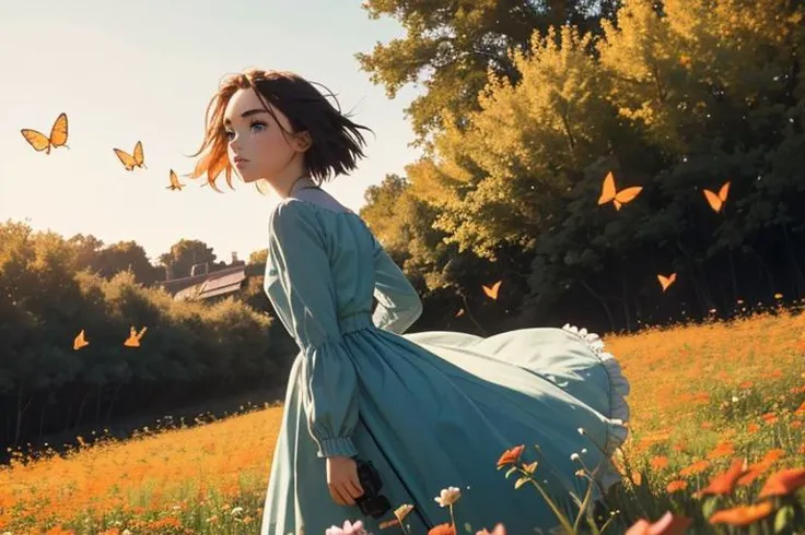 FlorencePugh,Parisienne dress,feminine pose,well-lit wooden structure,in a flowery field,chasing butterflies with his camera,late afternoon,colorful red orange yellow light,very emotional camera angle,medium format camera,in the style of (Life Magazine),