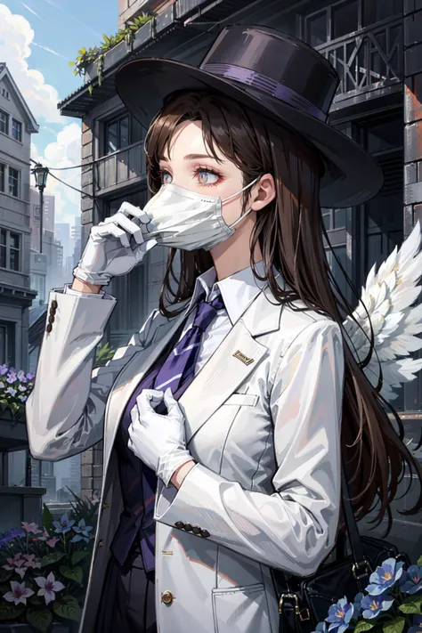 (side view,medium close-up:1.3),(,best art,best illustration,perfect ratio:1.3),natural lighting, soft lighting, sunlight, HDR (High Dynamic Range), Maximum Clarity And Sharpness, Multi-Layered Textures,
white theme,(Violet flower field theme and city's ruins background:1.3141592653589793238462643383279502884197),
(perfect hand,perfect detail fingers,white gloves,blue glowing eyes:1.25),(huge white seraph wings:1.25)
1 girl,cool,medieval doctor,clean,(put his right hand on the hat:1.32),
white headwear, blurry, formal,white hat, suit, tiles, solo, shirt, jacket, male focus, necktie, white gloves, pants, white jacket,(white long beak full face mask:1.27514), white pants, fedora, white suit, Plaguecore, outfit, <lora:Plaguecore:0.438>
<lora:rodion:0.4> rodion,long brown hair,