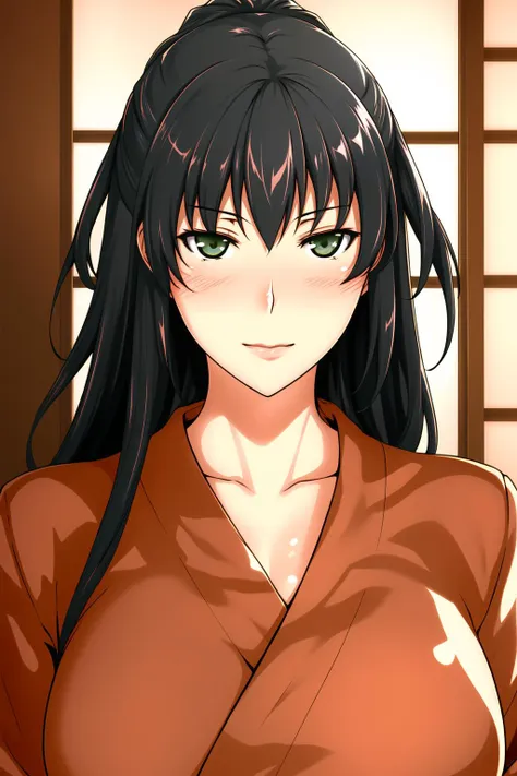 east asian architecture,onsen,
Brown kimono, collarbone, cleavage, long sleeves, wide sleeves, japanese clothes, 
<lora:Yuka_Tachibana_Circumstances-KK77-V1:0.7>,
Black_hair,long_hair,green_eyes,bangs,
<lora:Oda_Non_Style-KK77-V2:0.3>,<lora:more_details:0.1>,
1 girl, 20yo,Young female,Beautiful Finger,Beautiful long legs,Beautiful body,
Beautiful Nose,Beautiful character design, perfect eyes, perfect face,expressive eyes,perfect balance,
looking at viewer,(Focus on her face),closed mouth, (innocent_big_eyes:1.0),(Light_Smile:0.3),
official art,extremely detailed CG unity 8k wallpaper, perfect lighting,Colorful, Bright_Front_face_Lighting,White skin,
(masterpiece:1.0),(best_quality:1.0), ultra high res,4K,ultra-detailed,
photography, 8K, HDR, highres, absurdres:1.2, Kodak portra 400, film grain, blurry background, bokeh:1.2, lens flare, (vibrant_color:1.2),professional photograph,
(Beautiful,large_Breasts:1.4), (beautiful_face:1.5),(narrow_waist),