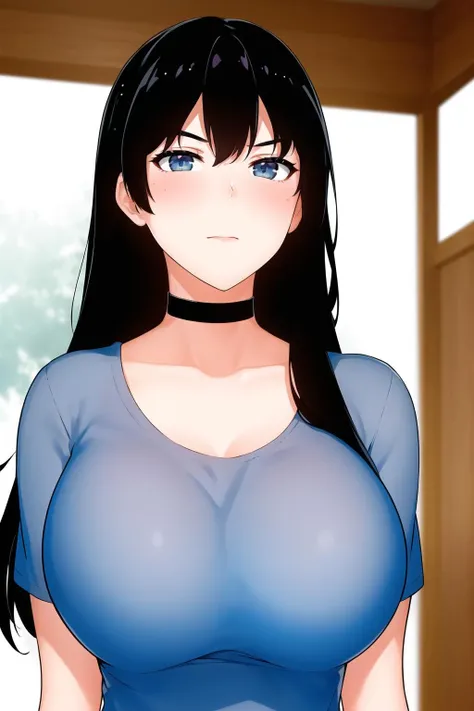 (day:1.7), east asian architecture, in the bedroom,
Standing at attention,
black_shirt, blue_shorts,
<lora:YukaTachibana-V1:0.7>,choker,
Black_hair,long_hair,green_eyes,bangs,
1 girl, 20yo,Young female,Beautiful Finger,Beautiful long legs,
Beautiful body,Beautiful Nose,Beautiful character design, perfect eyes, perfect face,expressive eyes,
looking at viewer, in the center of the image,(Upper_body:1.2),(Focus on her face),
official art,extremely detailed CG unity 8k wallpaper, perfect lighting,Colorful, Bright_Front_face_Lighting,shiny skin,
(masterpiece:1.0),(best_quality:1.0), ultra high res,4K,ultra-detailed,
photography, 8K, HDR, highres, absurdres:1.2, Kodak portra 400, film grain, blurry background, bokeh:1.2, lens flare, (vibrant_color:1.2)
(Beautiful,large_Breasts:1.0), (beautiful_face:1.5),(narrow_waist),