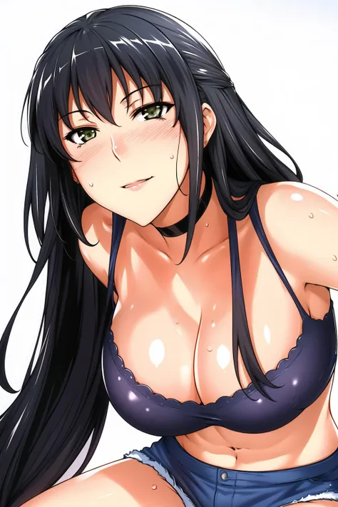 Simple White Background,
choker,short skirt and top,denim_shorts,black_shirt, blue_shorts,
<lora:Yuka_Tachibana_Circumstances-KK77-V1:0.7>,
Black_hair,long_hair,green_eyes,bangs,
<lora:Mariana_Luciano_NON_VIRGIN-KK77-V1:0.3>,<lora:more_details:0.1>,
1 girl, 20yo,Young female,Beautiful Finger,Beautiful long legs,Beautiful body,Beautiful Nose,Beautiful character design, perfect eyes, perfect face,expressive eyes,perfect balance,
looking at viewer,(Focus on her face),closed mouth, (innocent_big_eyes:1.0),Light_Smile,
official art,extremely detailed CG unity 8k wallpaper, perfect lighting,Colorful, Bright_Front_face_Lighting,shiny skin,
(masterpiece:1.0),(best_quality:1.0), ultra high res,4K,ultra-detailed,
photography, 8K, HDR, highres, absurdres:1.2, Kodak portra 400, film grain, blurry background, bokeh:1.2, lens flare, (vibrant_color:1.2),professional photograph,
(Beautiful,large_Breasts:1.4), (beautiful_face:1.5),(narrow_waist),