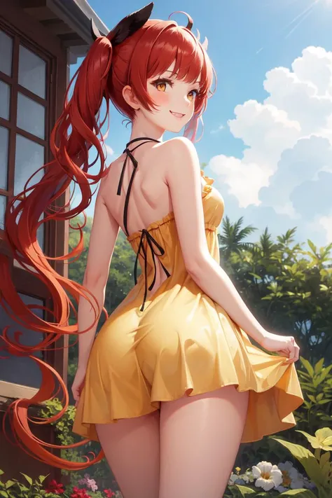 masterpiece, best quality, absurdres, 1girl, solo, Honolulu, long hair, twintails, from behind, sundress, yellow sundress, garden, day, sunshine, smile, looking back