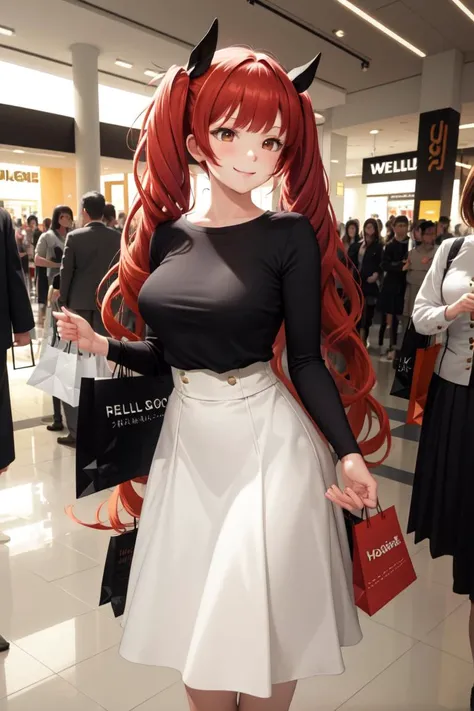 masterpiece, best quality, absurdres, 1girl, solo, Honolulu, long hair, twintails, high-waist skirt, long skirt, white skirt, black shirt, long sleeves, smile, standing, indoors, shopping mall, medium breasts