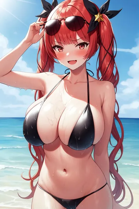 masterpiece, best quality, absurdres, 1girl, solo, Honolulu, HonoluluBikini, very long hair, twintails, black bikini, hair ribbon, eyewear on head, sunglasses, star hair ornament, large breasts, beach scene, :d, blush, wet